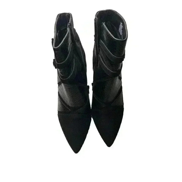 Just Fab Adler Size 10 Black Suede Patchwork Ankle Booties Buckle Pointed Toe - Picture 3 of 8